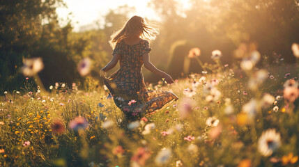 back view of a girl in a light summer dress running on a summer morning field on which wild flowers grow, the image conveys carefreeness and freedom