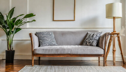Scandinavian simplicity personified, this interior features a chic sofa and trendy vase, setting the stage for minimalistic elegance in effective home staging. - obrazy, fototapety, plakaty