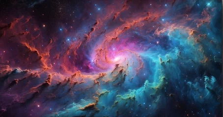 Deurstickers A scene showcasing a vibrant nebula, with swirling gases, newborn stars, and pillars of cosmic dust, resembling a cosmic nursery for star formation - Generative AI © Huzaifa