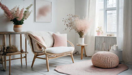 Scandinavian simplicity room with a feminine flair. Light neutrals, blush accents. Scandinavian furniture, clean lines. Feminine textiles and artwork add a touch of softness to the minimalist design.