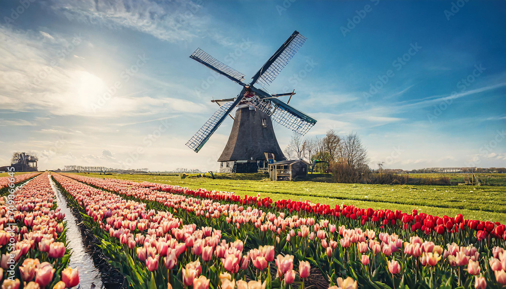 Wall mural spring windmill traditional mill travel nature netherlands tulip holland europe dutch landscape fiel