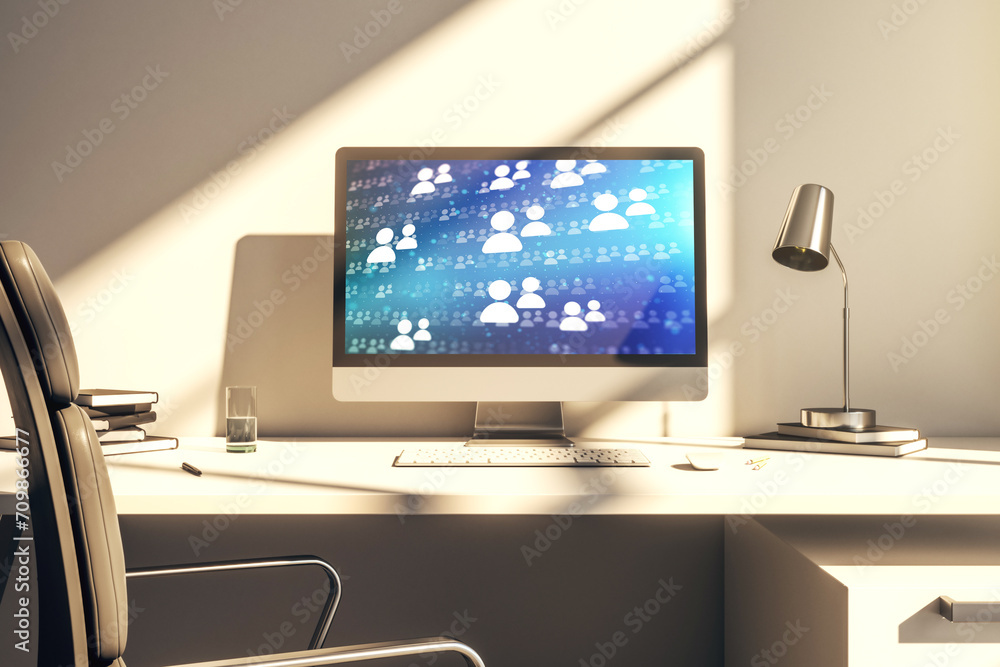 Leinwandbilder modern computer monitor with social network icons concept. marketing and promotion concept. 3d rende