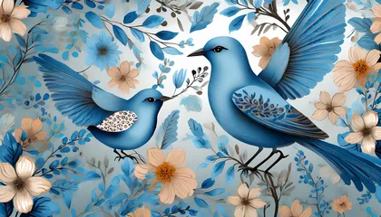 Fotobehang seamless floral pattern with blue birds of the same color © richard