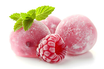 Raspberry Mochi Japanese dessert isolated on top view black background with copy space for text