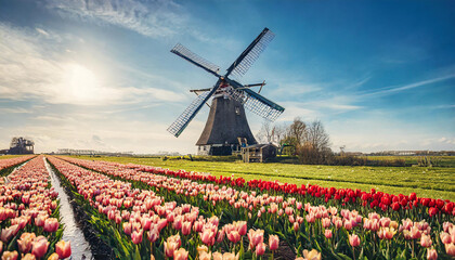 Spring windmill traditional mill travel nature netherlands tulip holland europe dutch landscape field - obrazy, fototapety, plakaty