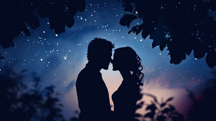 Obraz premium Couple Romance Night Blue light Big moon Valentines day background 