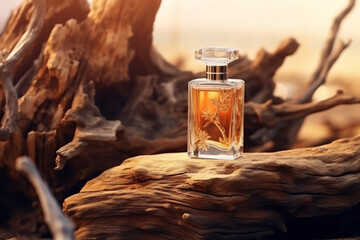 Transparent perfume bottle with woody notes on aged wooden snag