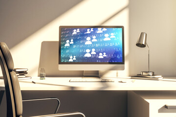 Modern computer monitor with social network icons concept. Marketing and promotion concept. 3D Rendering