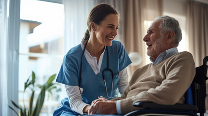 Caring female nurse in blue scrubs smiling and holding hands with an elderly male patient - Powered by Adobe