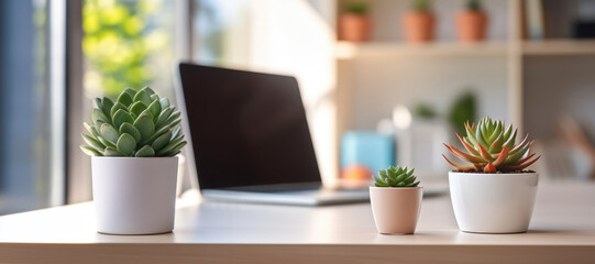 A photo of a neatly organized desk with a potted succulent in sharp focus, showcasing a clutter-free workspace against a softly blurred, room background