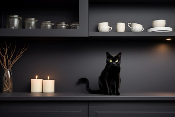 The simple modern kitchen in black color with a black cat on the table