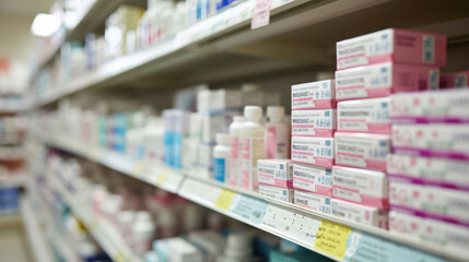 Shelf in a pharmacy stocked with various medication boxes, with a focus on the packaging in the foreground and a blurred background - obrazy, fototapety, plakaty