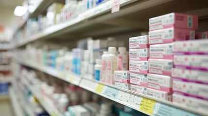 Poster Shelf in a pharmacy stocked with various medication boxes, with a focus on the packaging in the foreground and a blurred background © MP Studio