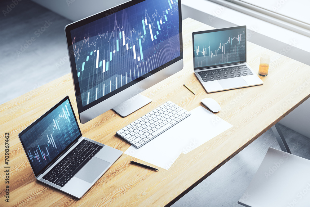 Poster abstract creative financial diagram on modern computer monitor, banking and accounting concept. 3d r