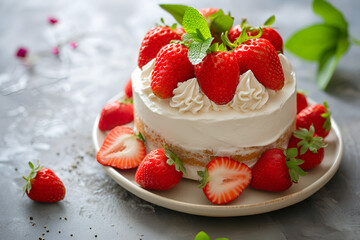 The traditional Japanese seasonal strawberry cake with sour cream topping and strawberries