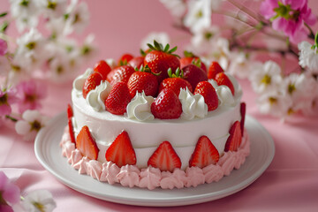 The traditional Japanese seasonal strawberry cake with sour cream topping and strawberries