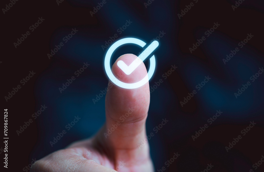 Poster closeup of hand thumb up with virtual correct sign or tick mark for approve quality assurance and gu