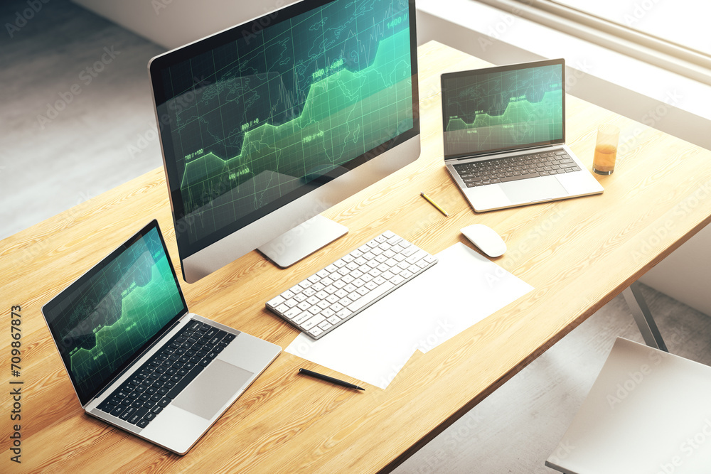 Poster computer monitor with abstract creative analytics data spreadsheet, analytics and analysis concept. 