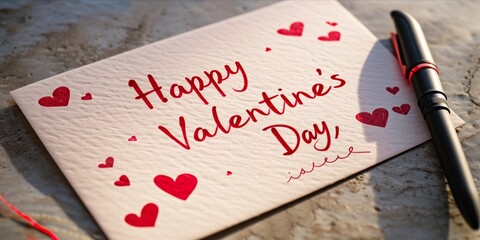 Handwritten Valentine's Day note with hearts and a pen - obrazy, fototapety, plakaty