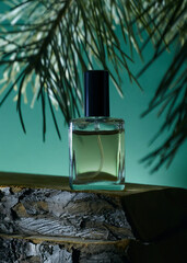 perfume with a fir fragrance in a glass bottle on a green background