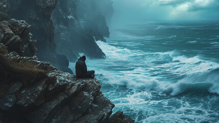 silhouette of a solitary person sitting on a rocky shore of a raging ocean and against the background of an incredibly beautiful cloudy sky - obrazy, fototapety, plakaty