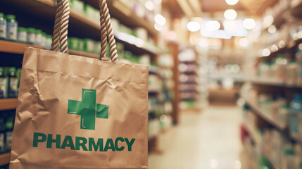 Close-up of a brown paper pharmacy bag with a green cross and the word "PHARMACY" on it, with a blurred background of pharmacy shelves stocked with products.