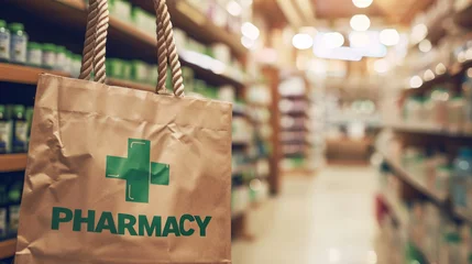  Close-up of a brown paper pharmacy bag with a green cross and the word "PHARMACY" on it, with a blurred background of pharmacy shelves stocked with products. © MP Studio