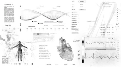 Medical HUD.Heard rate monitor. White background.Sceleton MRI x ray Scan, 3D Model Animation. Analyzing cardiac diagnosis.DNA. Futuristic Technological Interface. Healthcare