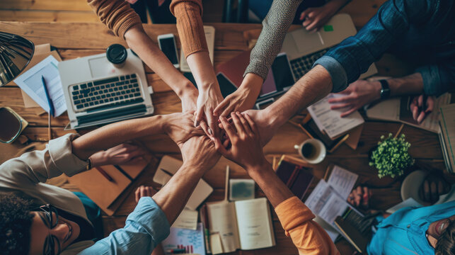 Group of people's hands joined together in the center of a table filled with work materials, signifying teamwork and collaboration.