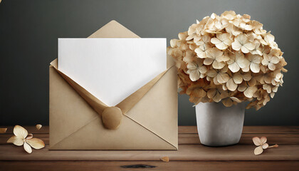 3D envelope with a blank paper and a dried hydrangea