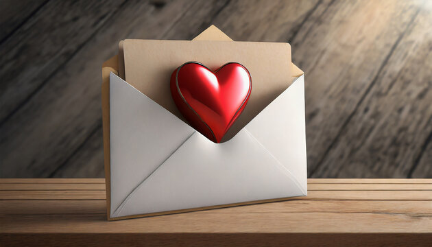 3D envelope with a heart inside on a wooden table