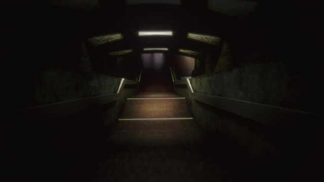 Going Downstairs Eerie Subway Stairways Tracking Shot. Walking through an eerie dark stairway to the underground, flickering lights. Tracking shot