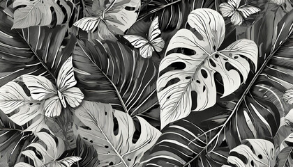 Abstract black and white tropical background. Seamless wallpaper with black monstera leaves, white tropical leaves, butterflies. Luxury design for fabric, paper, packaging, merchandise