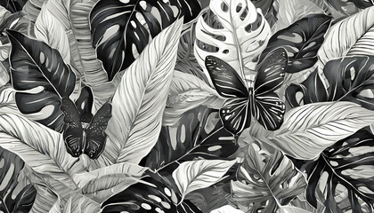 Abstract black and white tropical background. Seamless wallpaper with black monstera leaves, white tropical leaves, butterflies. Luxury design for fabric, paper, packaging, merchandise