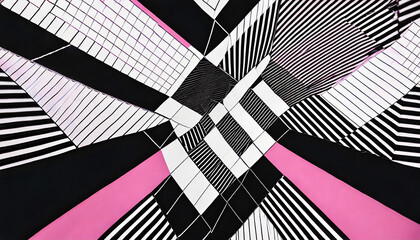 abstract black and white and pink optical illusion with squares background.