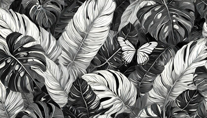 Abstract black and white tropical background. Seamless wallpaper with black monstera leaves, white tropical leaves, butterflies. Luxury design for fabric, paper, packaging, merchandise