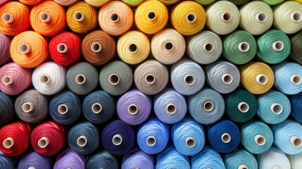 Closeup of colourful cotton reels for sewing machines