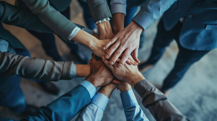 Obraz premium A top-down view of a group of friends stacking their hands together, symbolizing unity, teamwork, and mutual support in a casual setting.