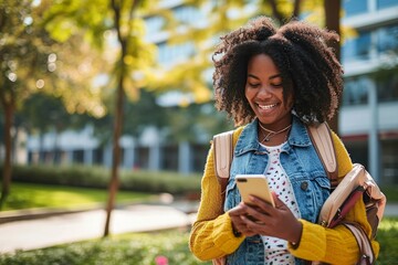Smiling African American girl walking in university park using mobile phone shopping online or texting messages. Happy female student holding smartphone chatting standing in campus, Generative AI