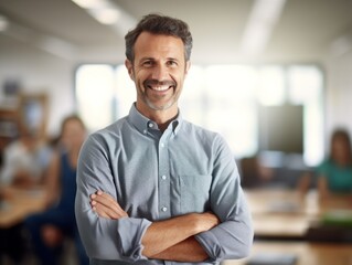 Fototapeta premium smiling male teacher standing in classroom with arms crossed.