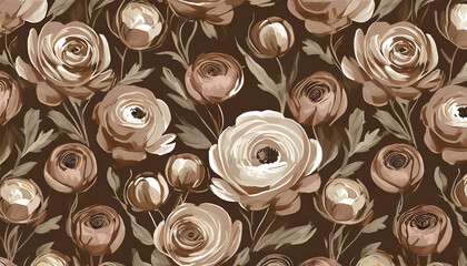 Adorable ranunculus pattern in brown colors_ floral background_ flowers backdrop
