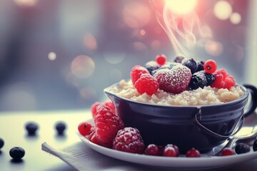 Oatmeal porridge in a bowl with berries with a heart