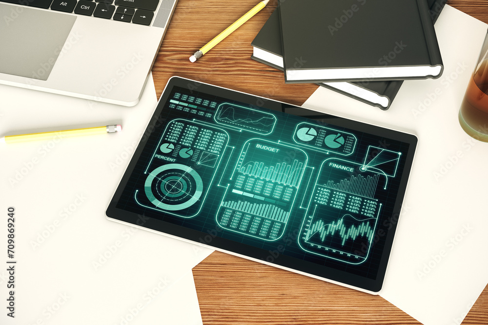 Aufkleber modern digital tablet monitor with abstract statistics data hologram interface, computing and analyt