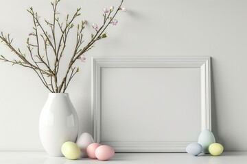 Easter spring tree with eggs vase at white home interior. Image with mock up and copy space.