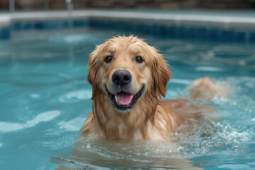 Poolside Bliss: A Joyful Canine Enjoying a Refreshing Dip in the Pool