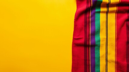 Celebrate Mexican Traditions with a Vibrant National Holiday Concept: Top View Photo of Colorful Striped Serape on Bright Yellow Background, Perfect for Festive Designs and Cultural Celebrations.