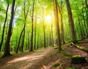 Obraz premium Beautiful forest in spring with bright sun shining through the trees
