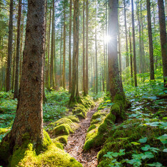 Obraz premium Beautiful forest with moss-covered soil and sunbeams through the trees