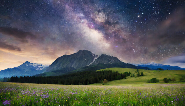 beautiful meadow and mountains under the milky way starry sky