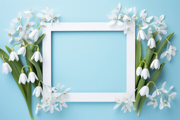 a spring banner, a bouquet of snowdrops located on the sides,a copy space in the form of a frame, the concept of spring advertising and greeting cards